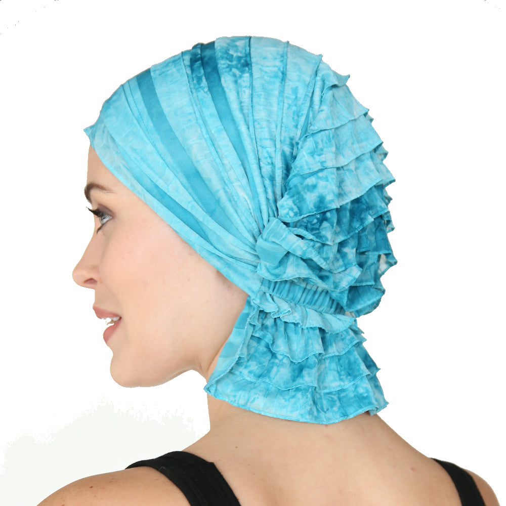 Ruffle provides volume to the look and mimics feeling of hair. How to tie a scarf?---Not! Slip-on headcovers. Not your grandmother's turban plus a feminine sweet look!Molly Chemobeanies® 
